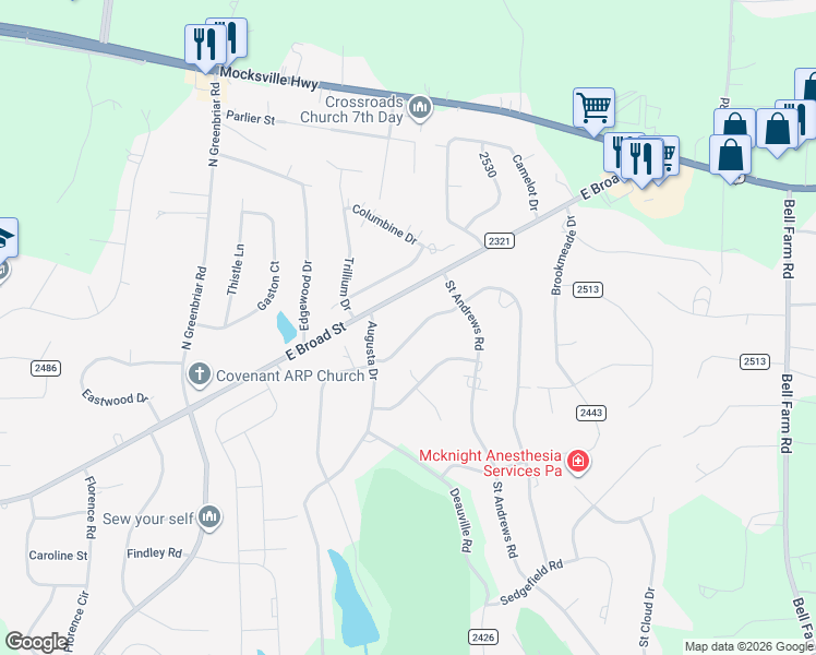 map of restaurants, bars, coffee shops, grocery stores, and more near 225 West Glen Eagles Road in Statesville