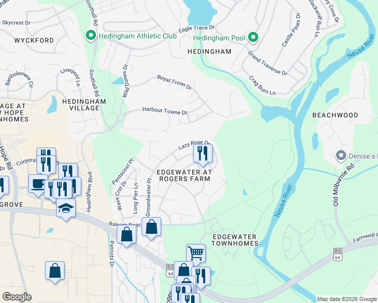 map of restaurants, bars, coffee shops, grocery stores, and more near 2258 Flowing Drive in Raleigh