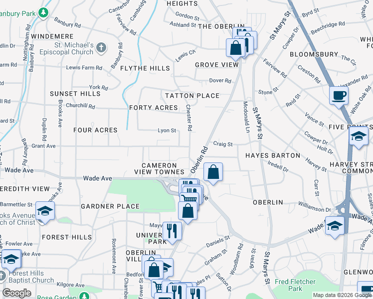 map of restaurants, bars, coffee shops, grocery stores, and more near 1333 Chester Road in Raleigh