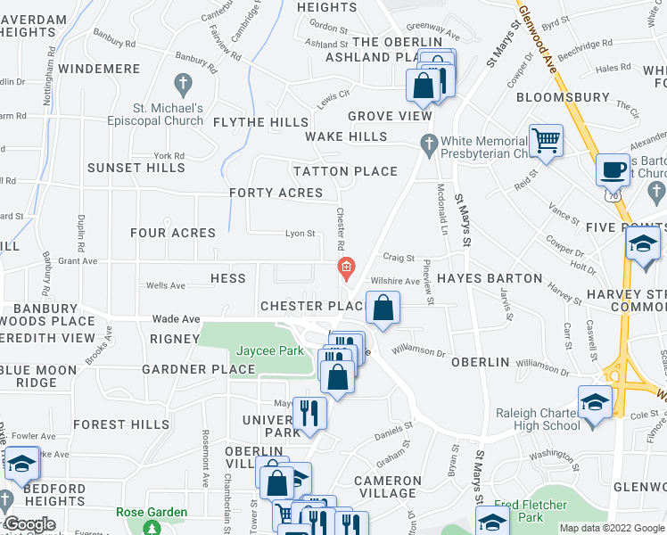 map of restaurants, bars, coffee shops, grocery stores, and more near 1341 Chester Road in Raleigh