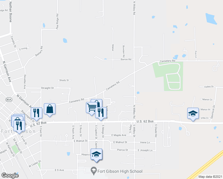 map of restaurants, bars, coffee shops, grocery stores, and more near 905 Cemetery Road in Fort Gibson