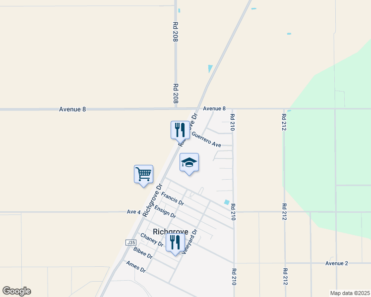 map of restaurants, bars, coffee shops, grocery stores, and more near 607 Richgrove Drive in Richgrove
