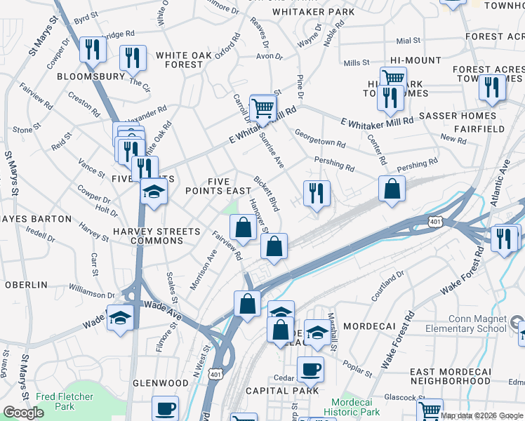 map of restaurants, bars, coffee shops, grocery stores, and more near 1515 Hanover Street in Raleigh