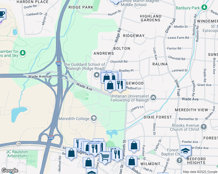 map of restaurants, bars, coffee shops, grocery stores, and more near 3540 Wade Avenue in Raleigh