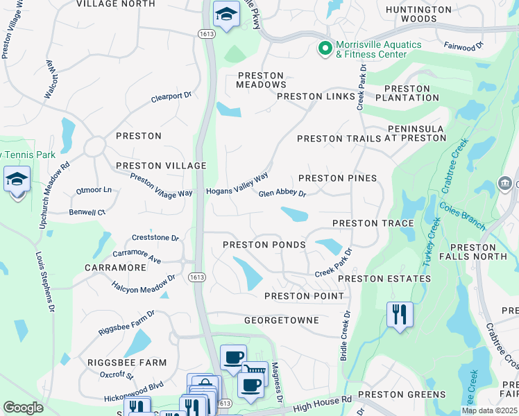 map of restaurants, bars, coffee shops, grocery stores, and more near 416 Calderbank Way in Cary