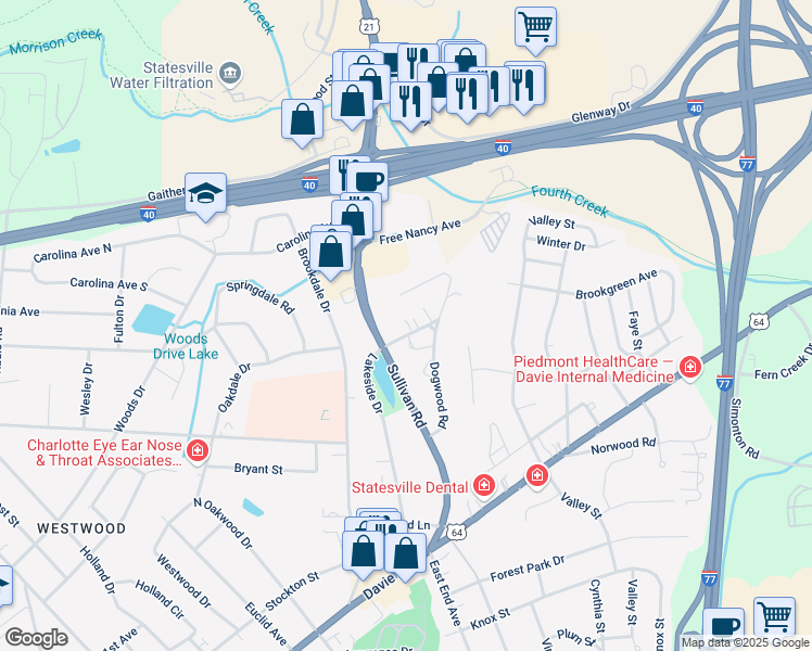 map of restaurants, bars, coffee shops, grocery stores, and more near 1129 Lakeside Drive in Statesville