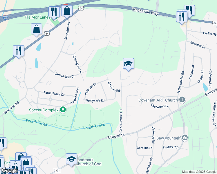 map of restaurants, bars, coffee shops, grocery stores, and more near 621 Old Farm Road in Statesville