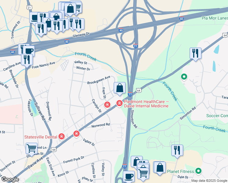 map of restaurants, bars, coffee shops, grocery stores, and more near 1685 Brookgreen Avenue in Statesville