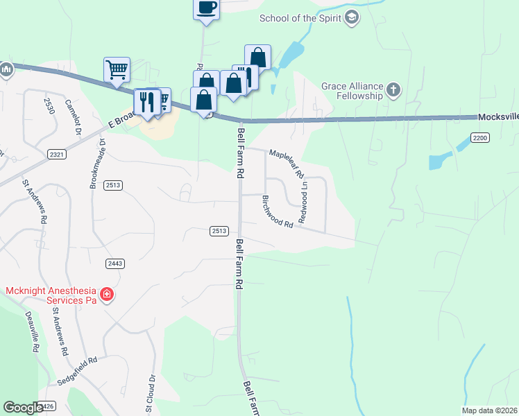 map of restaurants, bars, coffee shops, grocery stores, and more near 156 Birchwood Road in Statesville