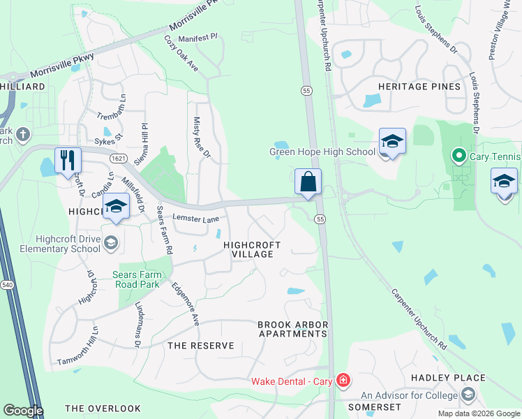 map of restaurants, bars, coffee shops, grocery stores, and more near 6013 Retford Grant Court in Cary
