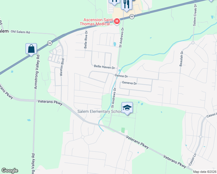 map of restaurants, bars, coffee shops, grocery stores, and more near 3040 Community Circle in Murfreesboro