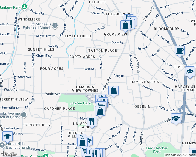 map of restaurants, bars, coffee shops, grocery stores, and more near 1333 Chester Road in Raleigh