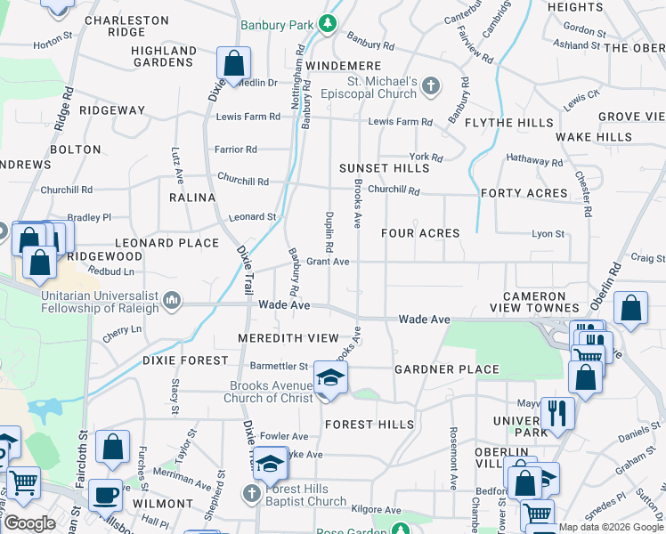 map of restaurants, bars, coffee shops, grocery stores, and more near 1220 Duplin Road in Raleigh