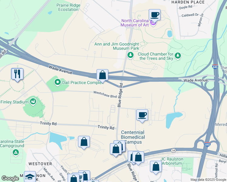 map of restaurants, bars, coffee shops, grocery stores, and more near 4000 Westchase Boulevard in Raleigh