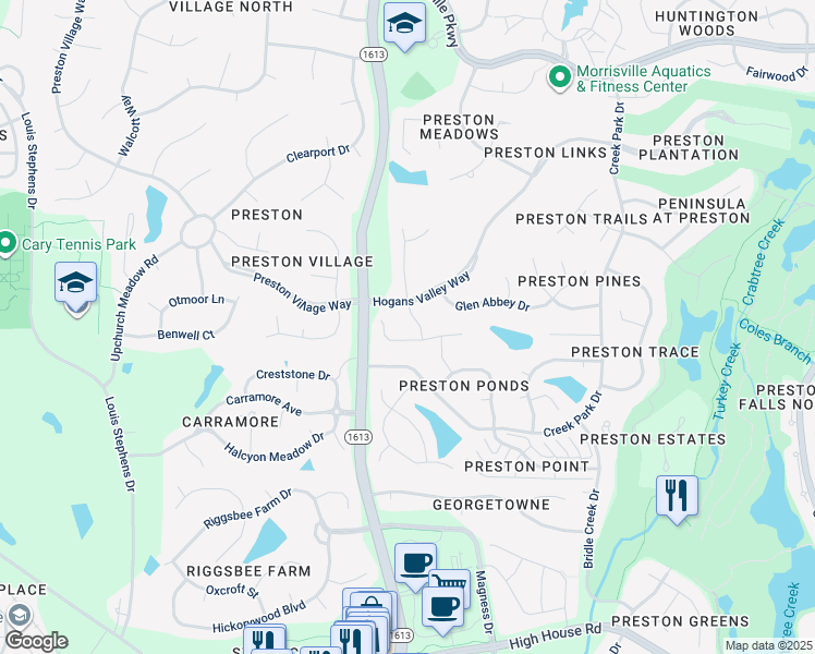 map of restaurants, bars, coffee shops, grocery stores, and more near 218 Preston Retreat Lane in Cary
