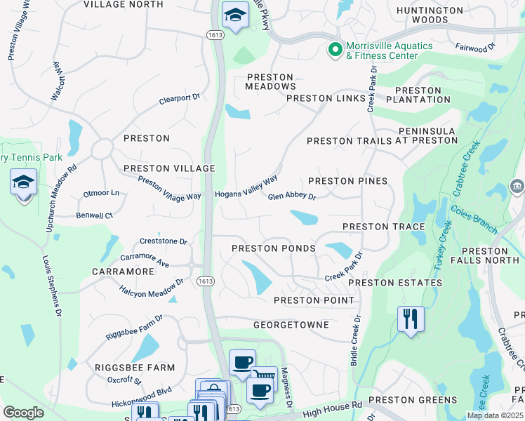 map of restaurants, bars, coffee shops, grocery stores, and more near 420 Calderbank Way in Cary