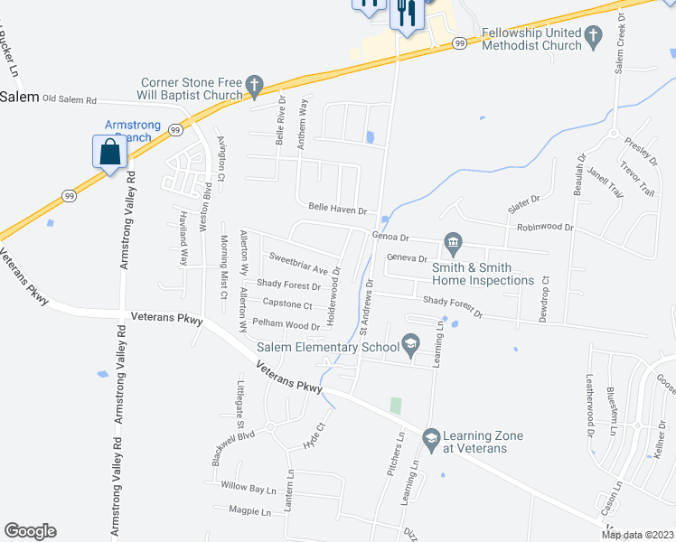 map of restaurants, bars, coffee shops, grocery stores, and more near 3039 Holderwood Drive in Murfreesboro