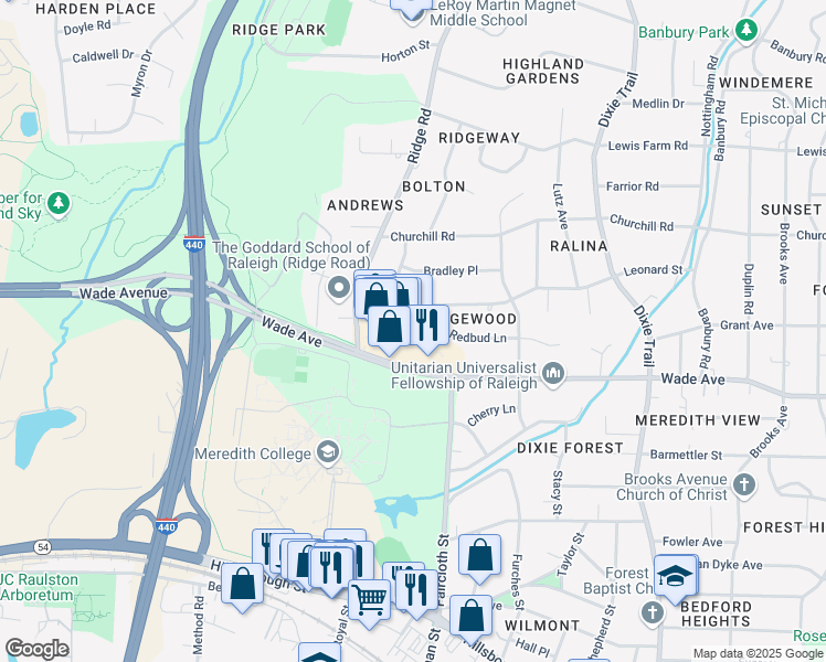 map of restaurants, bars, coffee shops, grocery stores, and more near 3520 Wade Avenue in Raleigh