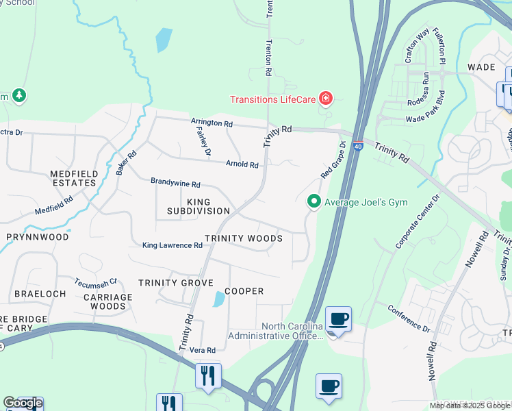 map of restaurants, bars, coffee shops, grocery stores, and more near 100 Hemingway Forest Place in Raleigh