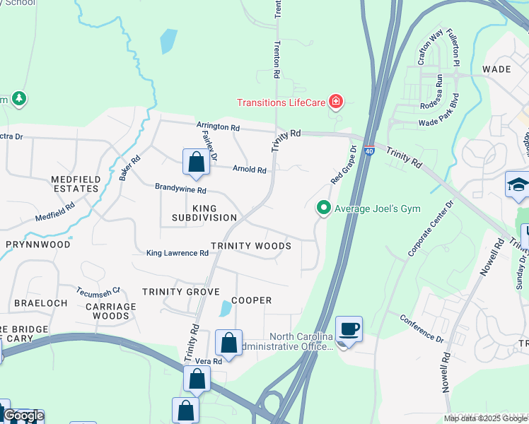 map of restaurants, bars, coffee shops, grocery stores, and more near 100 Hemingway Forest Place in Raleigh