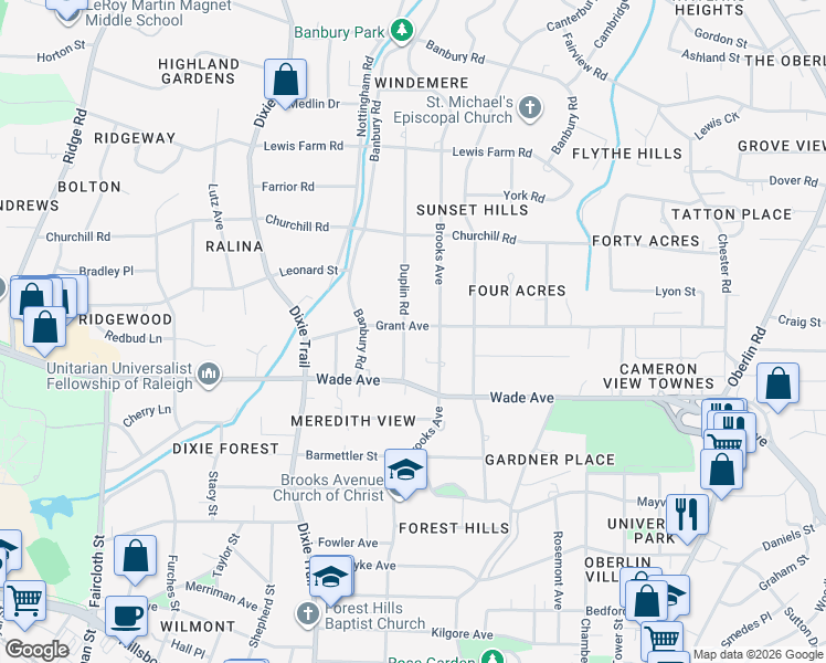 map of restaurants, bars, coffee shops, grocery stores, and more near 1220 Duplin Road in Raleigh