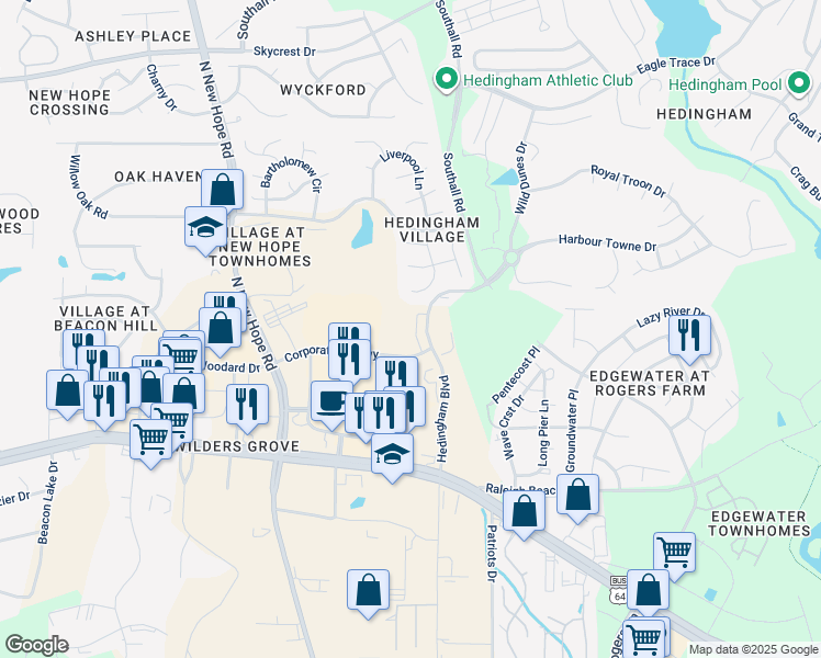 map of restaurants, bars, coffee shops, grocery stores, and more near 1751 Corporation Parkway in Raleigh