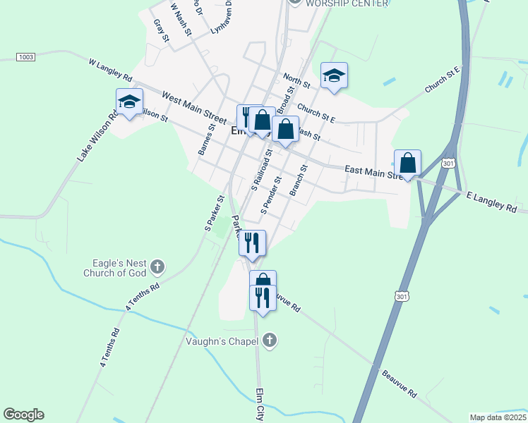 map of restaurants, bars, coffee shops, grocery stores, and more near 618 South Pender Street in Elm City