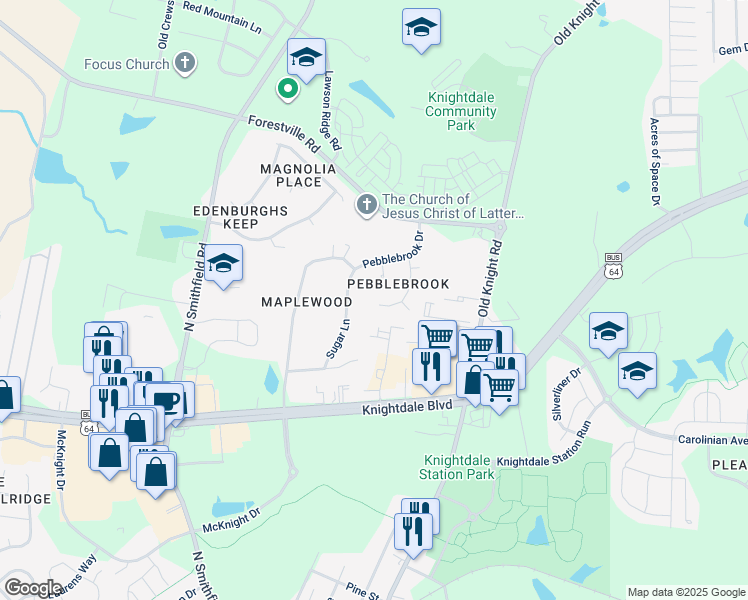 map of restaurants, bars, coffee shops, grocery stores, and more near 204 Breckenridge Drive in Knightdale