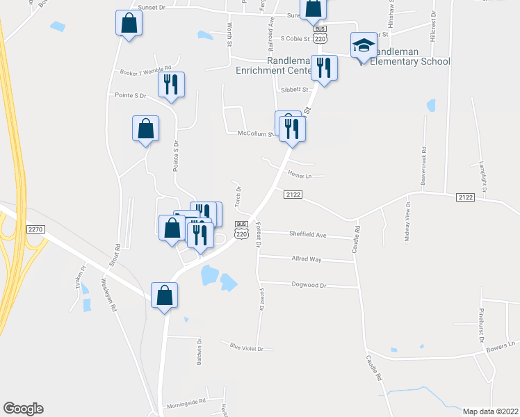 map of restaurants, bars, coffee shops, grocery stores, and more near 802 South Main Street in Randleman