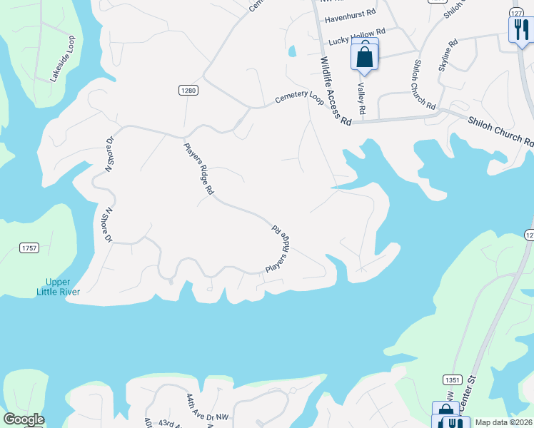 map of restaurants, bars, coffee shops, grocery stores, and more near 711 Players Ridge Road in Hickory