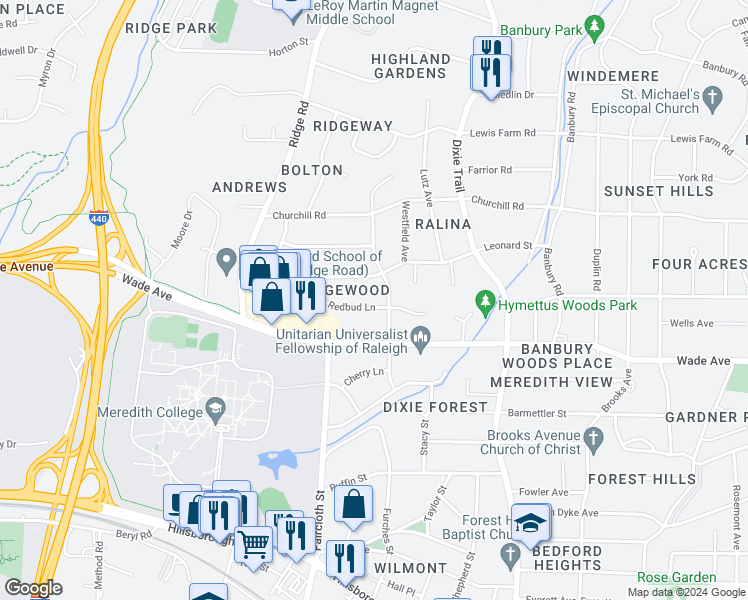 map of restaurants, bars, coffee shops, grocery stores, and more near 3406 Redbud Lane in Raleigh