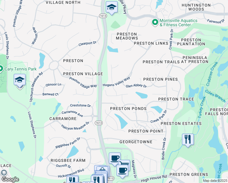 map of restaurants, bars, coffee shops, grocery stores, and more near 218 Preston Retreat Lane in Cary