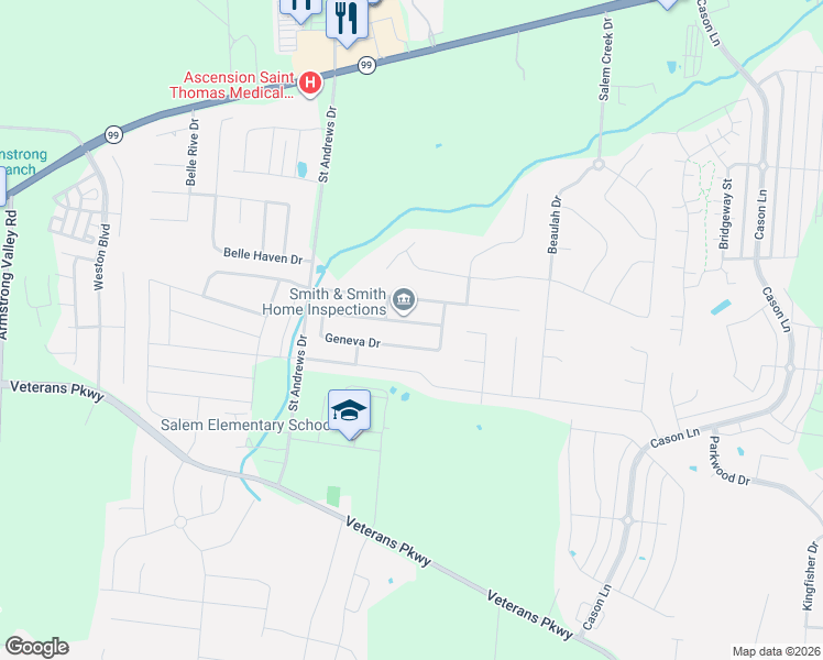 map of restaurants, bars, coffee shops, grocery stores, and more near 3614 Geneva Drive in Murfreesboro