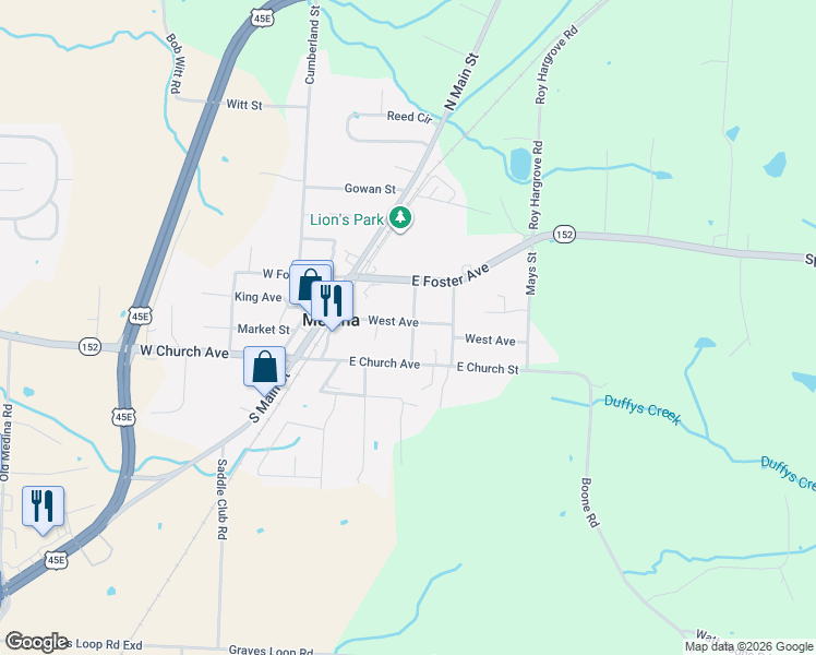 map of restaurants, bars, coffee shops, grocery stores, and more near 124 South Campbell Street in Medina