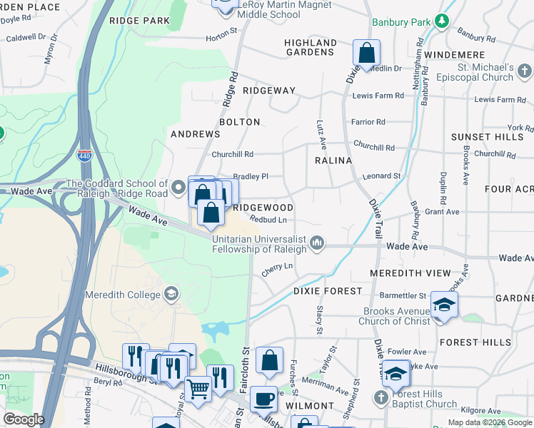 map of restaurants, bars, coffee shops, grocery stores, and more near 3419 Redbud Lane in Raleigh