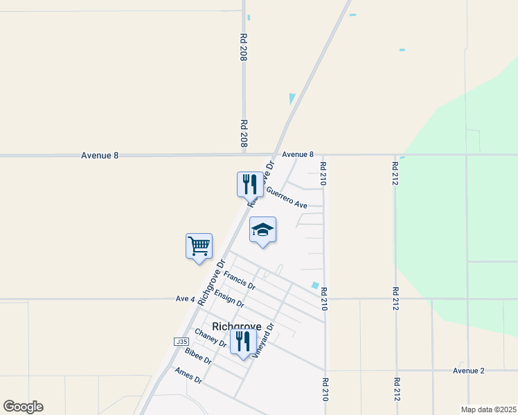 map of restaurants, bars, coffee shops, grocery stores, and more near 607 Richgrove Drive in Richgrove