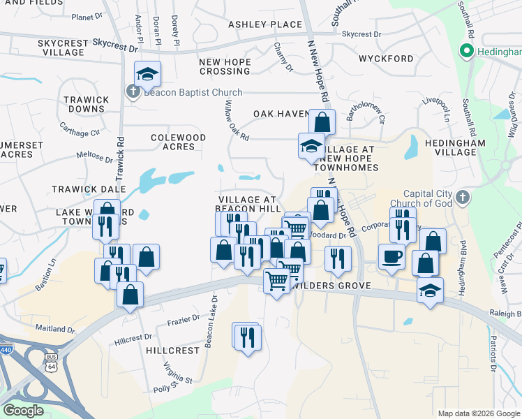 map of restaurants, bars, coffee shops, grocery stores, and more near 1420 Beacon Village Drive in Raleigh