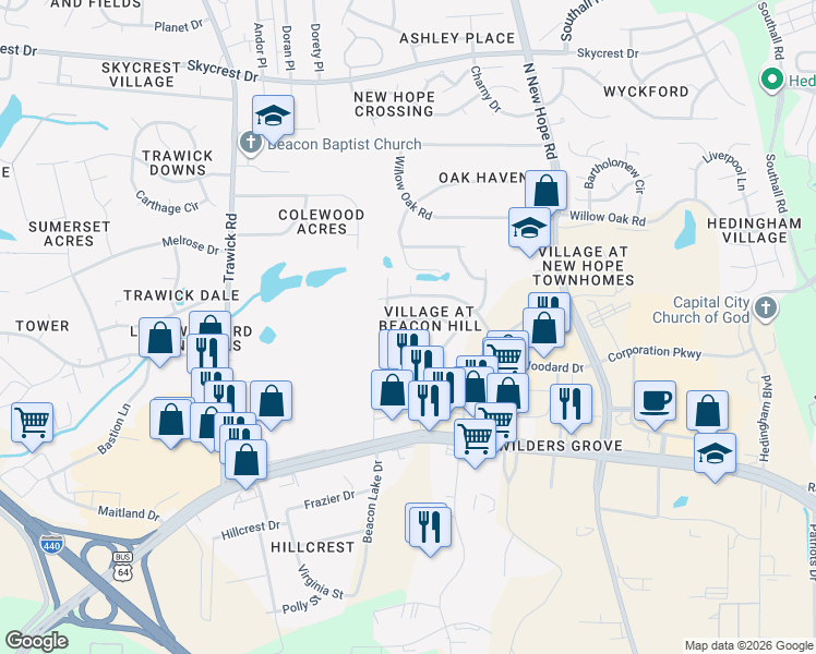 map of restaurants, bars, coffee shops, grocery stores, and more near 1333 Beacon Village Drive in Raleigh