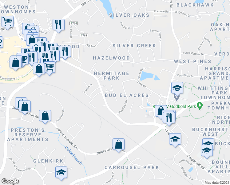 map of restaurants, bars, coffee shops, grocery stores, and more near 1006 Laurel Twist Road in Cary