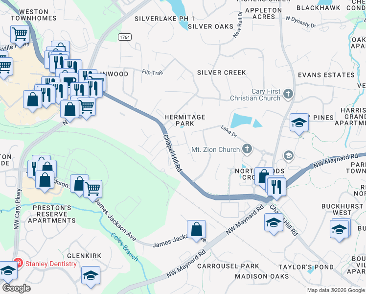 map of restaurants, bars, coffee shops, grocery stores, and more near 9444 Chapel Hill Road in Cary