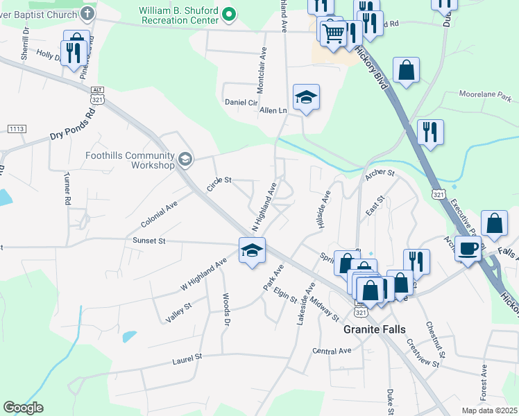 map of restaurants, bars, coffee shops, grocery stores, and more near 1 North Highland Avenue in Granite Falls