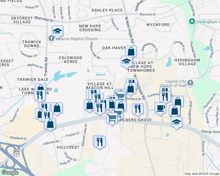 map of restaurants, bars, coffee shops, grocery stores, and more near 1420 Beacon Village Drive in Raleigh