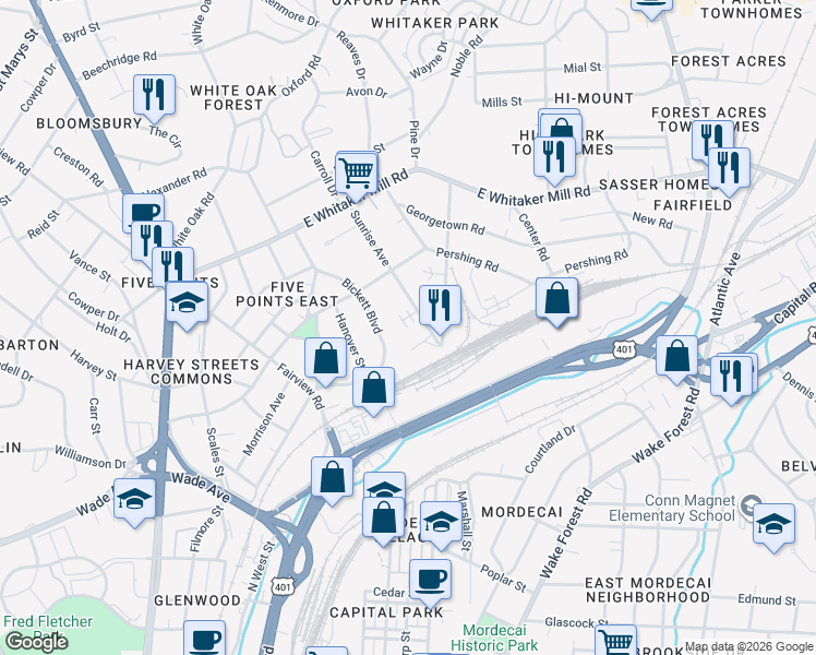 map of restaurants, bars, coffee shops, grocery stores, and more near 1513 Sunrise Avenue in Raleigh
