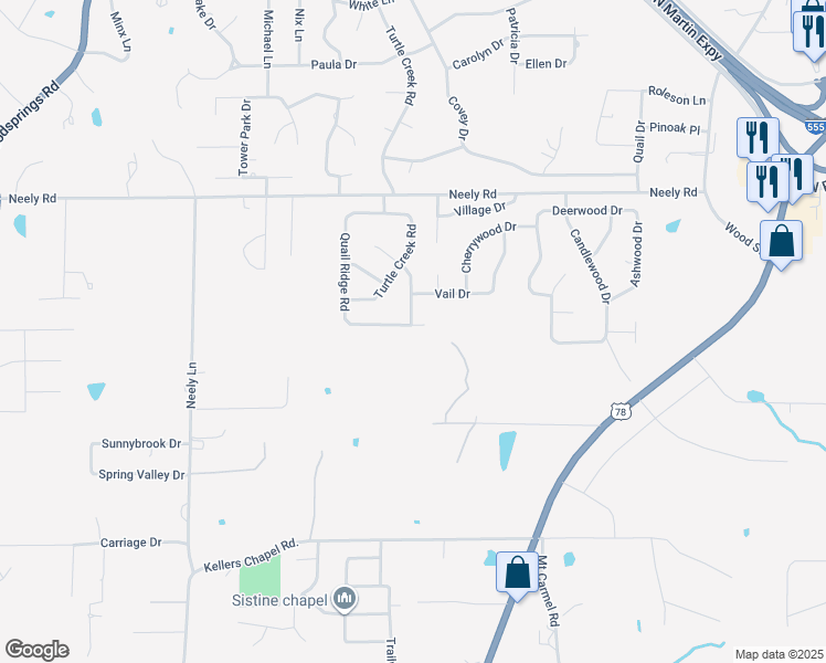 map of restaurants, bars, coffee shops, grocery stores, and more near 3513 Quail Ridge in Jonesboro