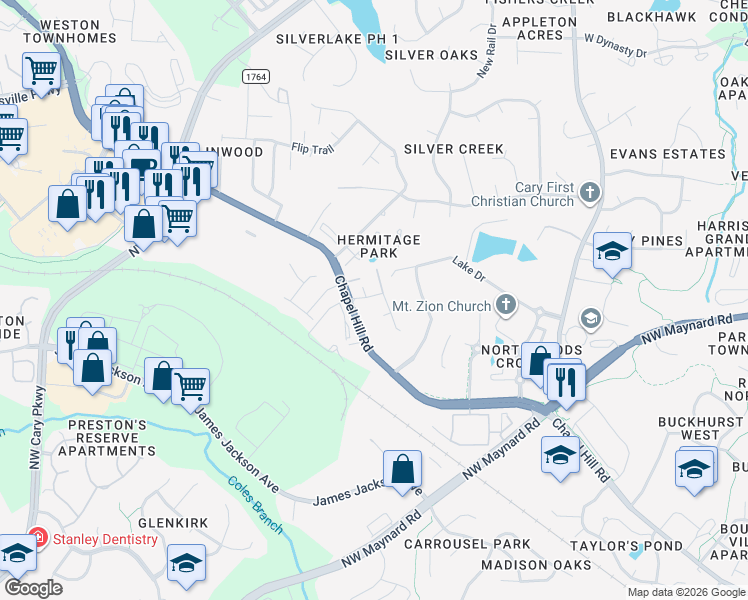 map of restaurants, bars, coffee shops, grocery stores, and more near 9444 Chapel Hill Road in Cary