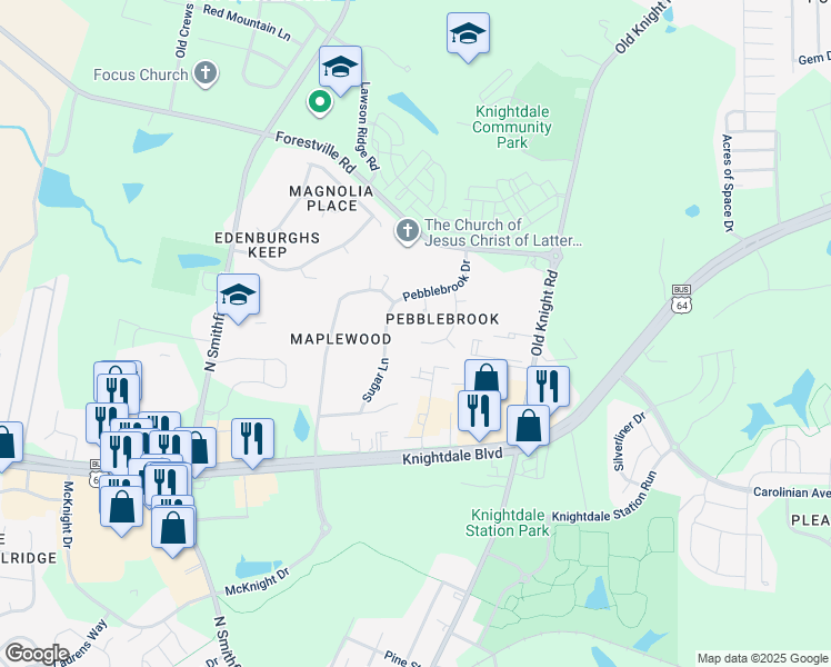 map of restaurants, bars, coffee shops, grocery stores, and more near 204 Breckenridge Drive in Knightdale