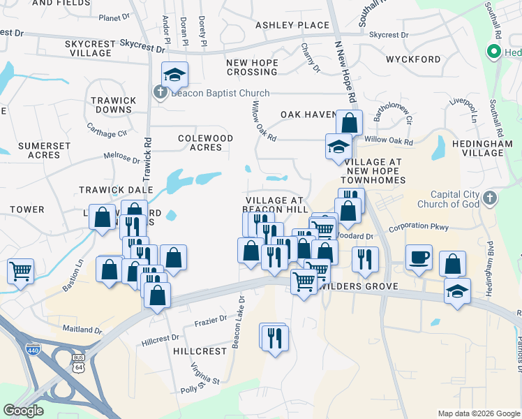 map of restaurants, bars, coffee shops, grocery stores, and more near 1333 Beacon Village Drive in Raleigh