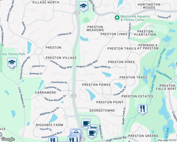 map of restaurants, bars, coffee shops, grocery stores, and more near 221 Preston Retreat Lane in Cary