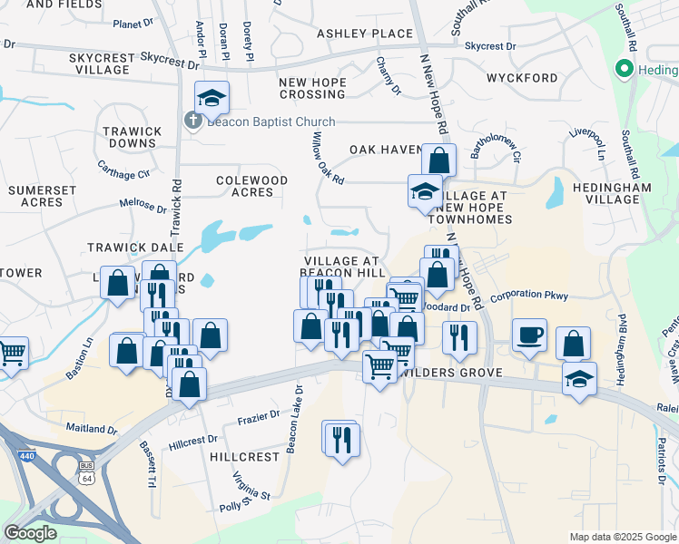 map of restaurants, bars, coffee shops, grocery stores, and more near 1333 Beacon Village Drive in Raleigh