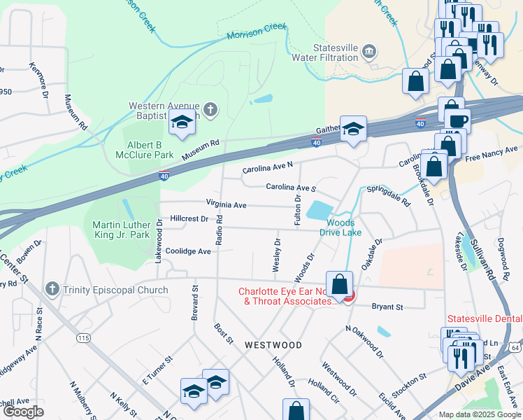 map of restaurants, bars, coffee shops, grocery stores, and more near 526 Virginia Avenue in Statesville
